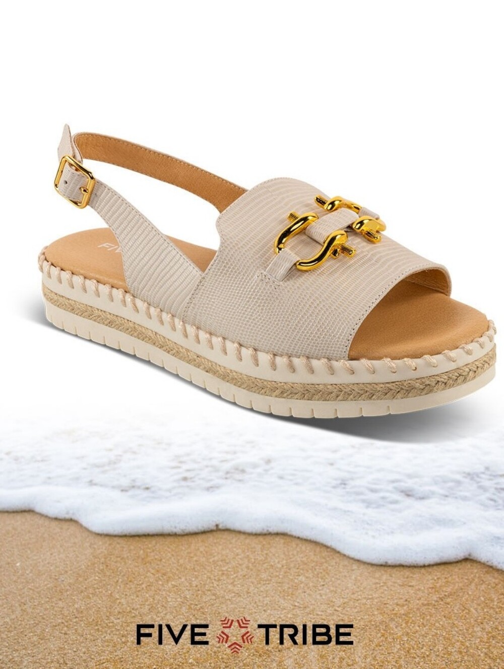 Five Tribe Witty Adjustable Open Toe Sling Back Sandals in Lizard Print Bone